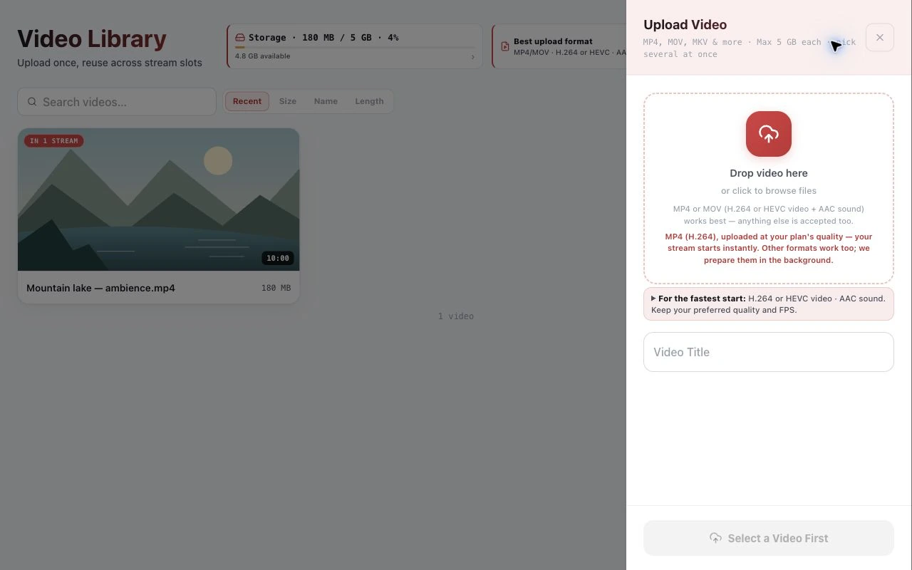StreamNeo video library and upload panel, showing a sample mountain lake video.